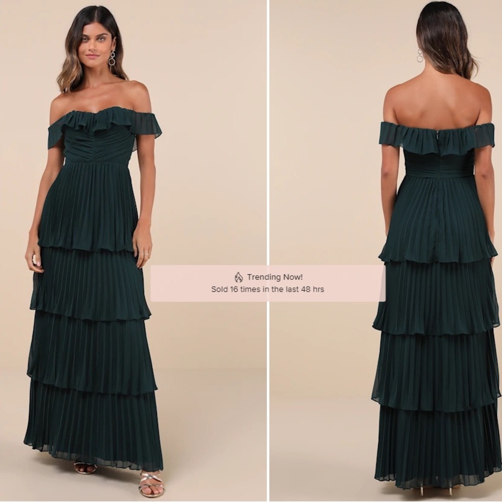 Lulu’s always remarkable emerald pleated off-the-shoulder maxi dress